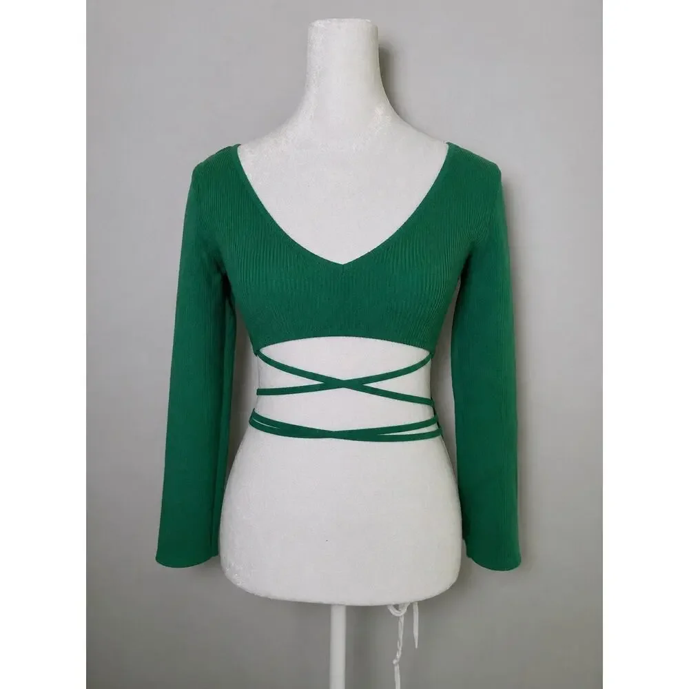 ZARA Green Ribbed Wrap Tie Crop Top Long Sleeve Cutout Small